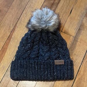 Pendleton Charcoal Cable Knit Beanie with Faux Fur Pom